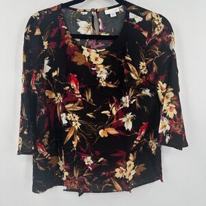 J.Jill Blouse Top Womens Petite XS Multi Floral 3/4 Sleeve‎ Scoop Neck Pullover